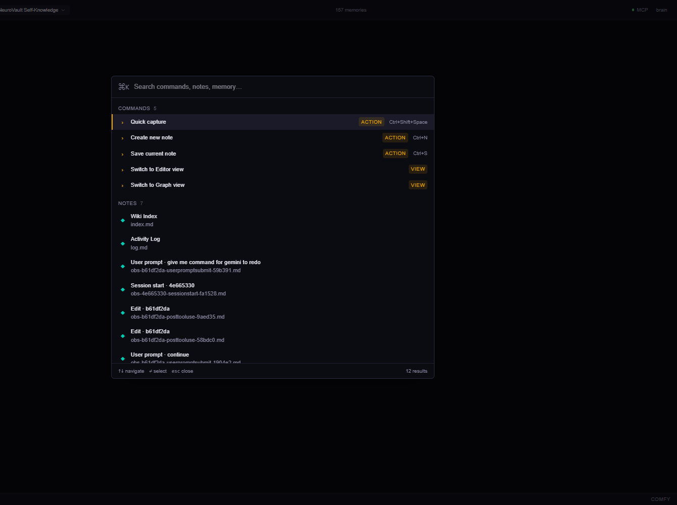 NeuroVault command palette — commands, notes, and semantic memory in one prompt