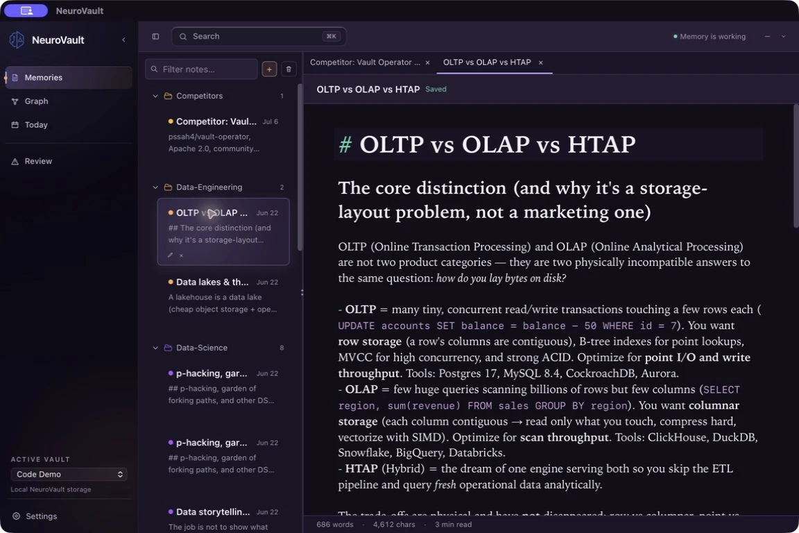 NeuroVault Memories view with a vault sidebar, note browser, and Markdown editor