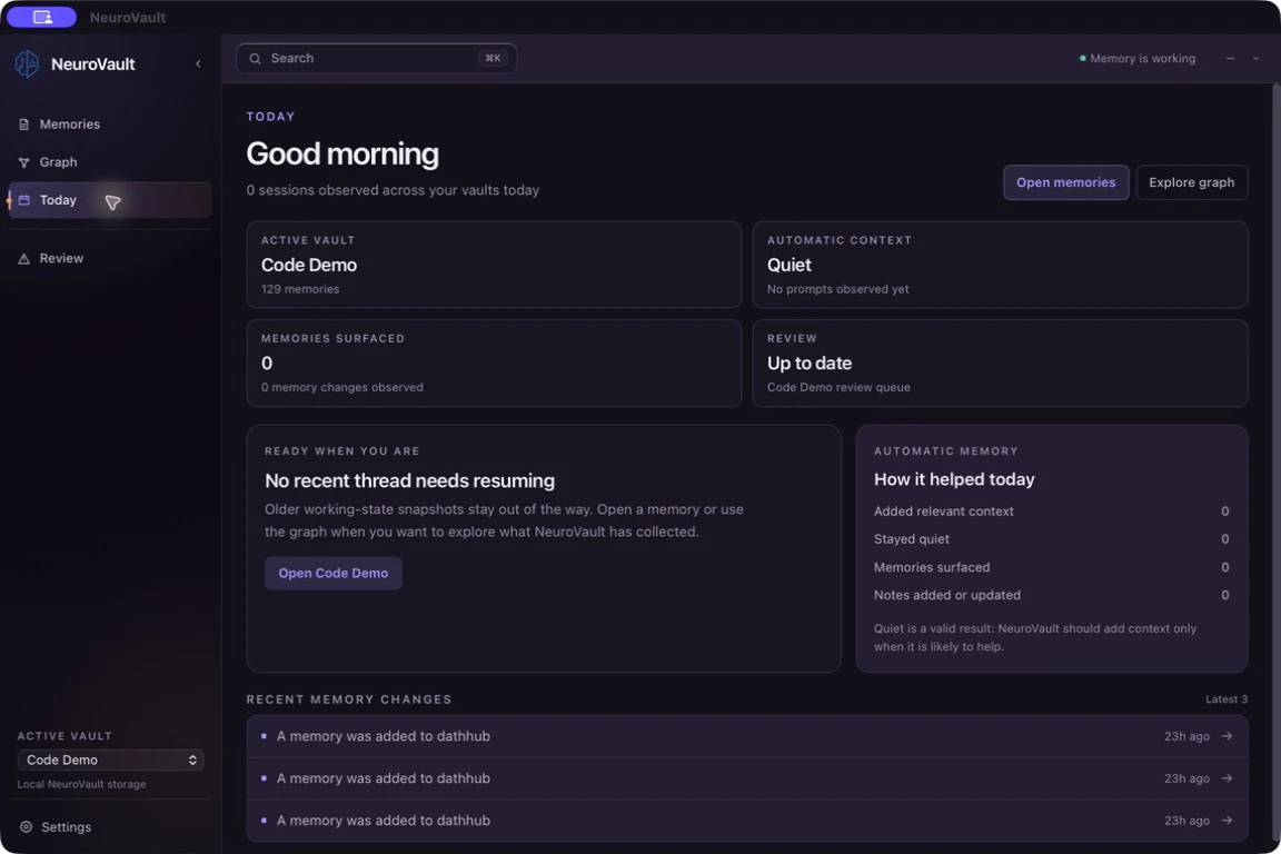 NeuroVault Today dashboard summarizing the active vault, automatic context, and review status