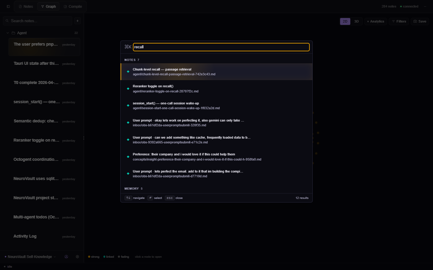 NeuroVault command palette — commands, notes, and semantic memory in one prompt